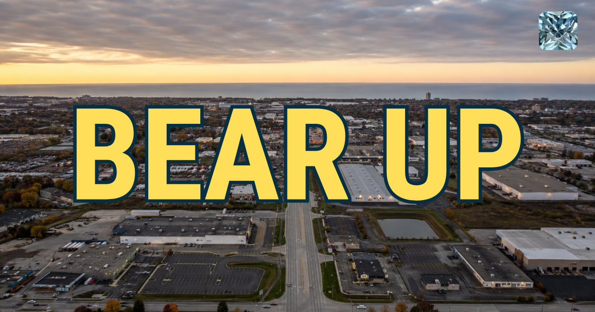 Bear Up title over an aerial view of a commercial district with flat roof buildings at sunset