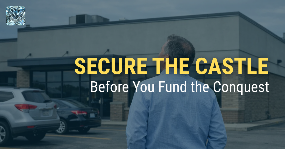 Secure the Castle Before You Fund the Conquest cover graphic with a man facing a commercial building across a parking lot