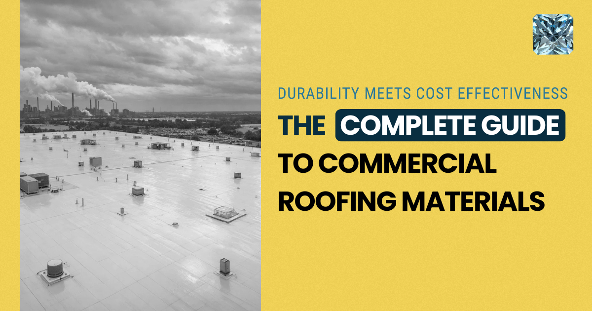 The Complete Guide to Commercial Roofing Materials, Durability Meets Cost Effectiveness cover photo showing a black and white aerial view of an industrial flat roof with a smokestack skyline.