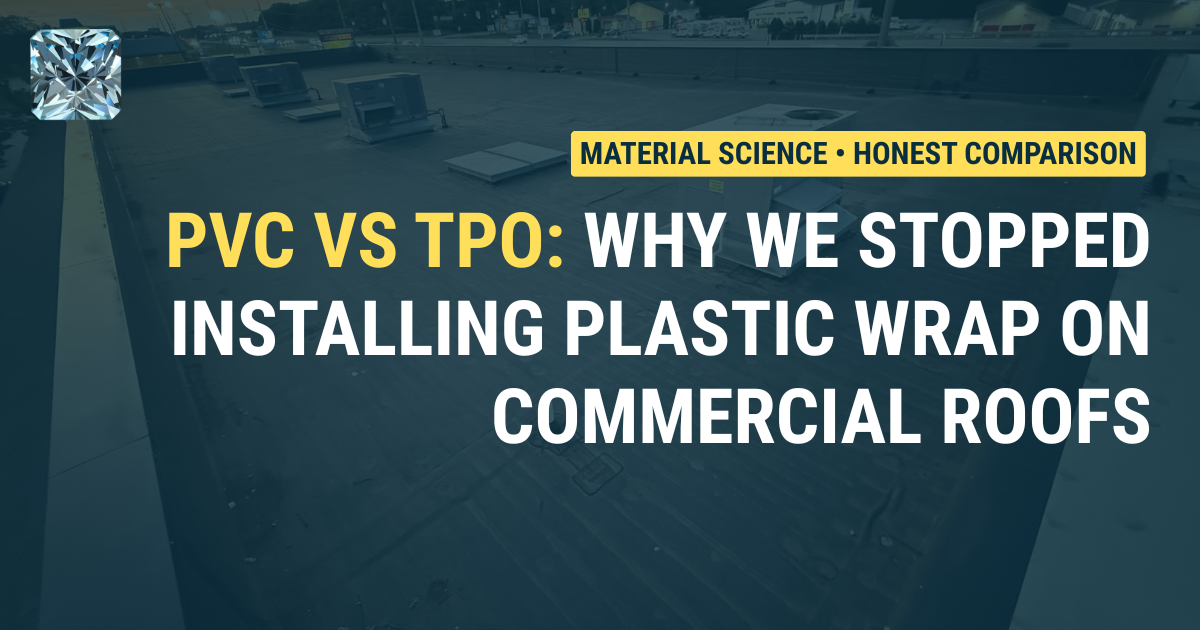 Title graphic reading "PVC vs TPO: Why We Stopped Installing Plastic Wrap on Commercial Roofs"
