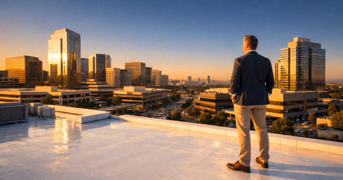 Businessman standing on a white commercial flat roof overlooking a city skyline at sunset.