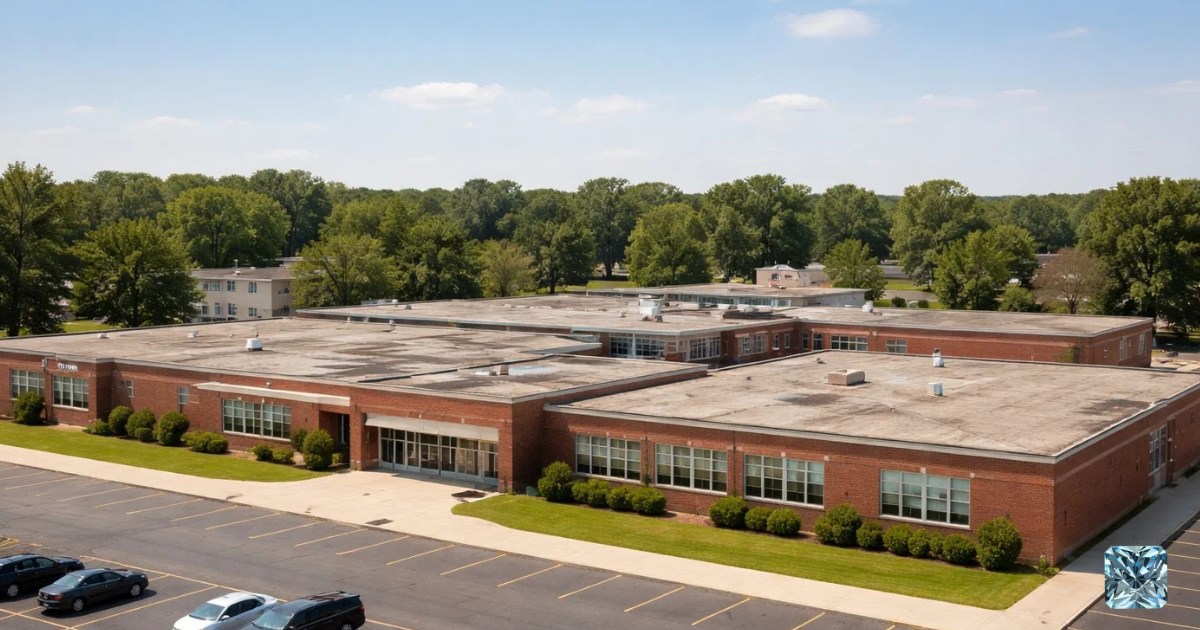 Aerial view of an Indiana brick school building with a deteriorated, aging flat roof.