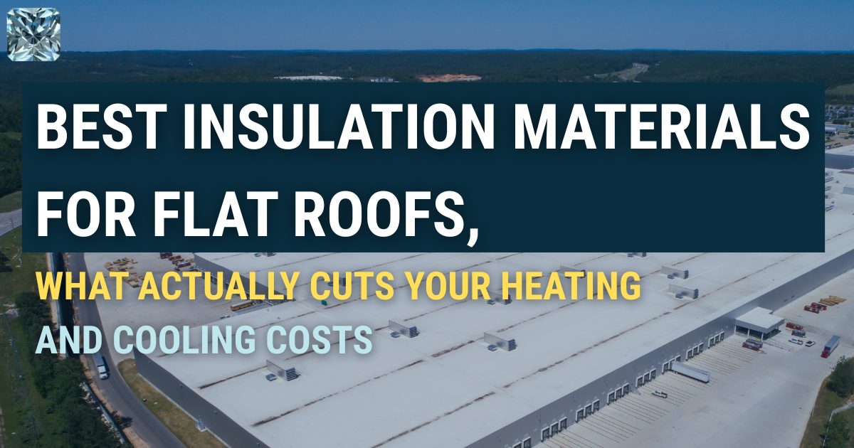 Best insulation materials for flat roofs, what actually cuts your heating and cooling costs. Title card over an aerial view of a large commercial flat roof
