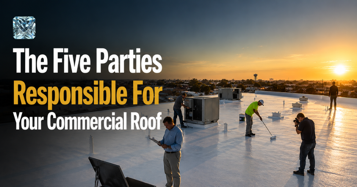 The Five Parties Responsible for Your Commercial Roof: roofing crew on a white flat commercial roof at sunset