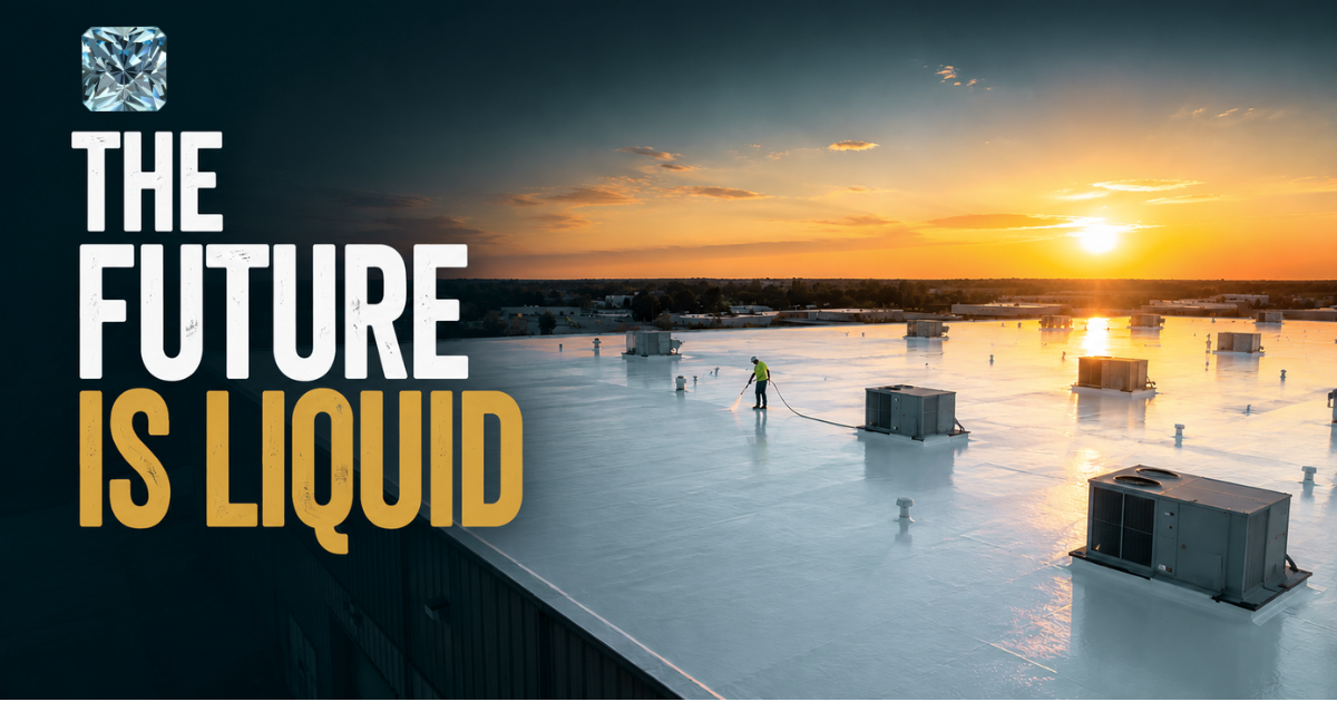 The Future Is Liquid: seamless liquid roof coating on a commercial flat roof at sunset