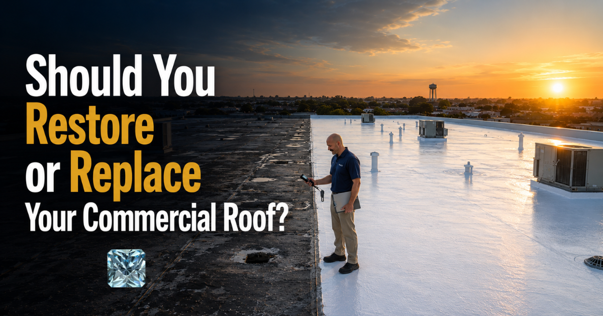 Should You Restore or Replace Your Commercial Roof? Inspector with a probe on a flat roof half black and half white at sunset