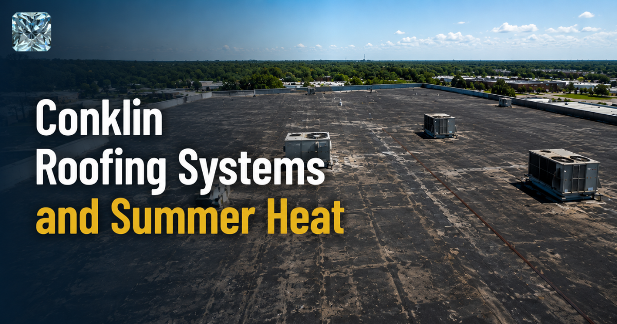 Conklin roofing systems and summer heat: dark commercial flat roof with rooftop HVAC units