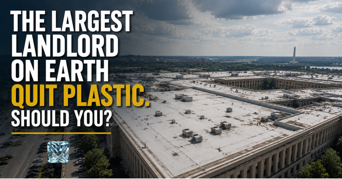 The largest landlord on earth quit plastic. Should you? Title card over an aerial view of a large commercial flat roof