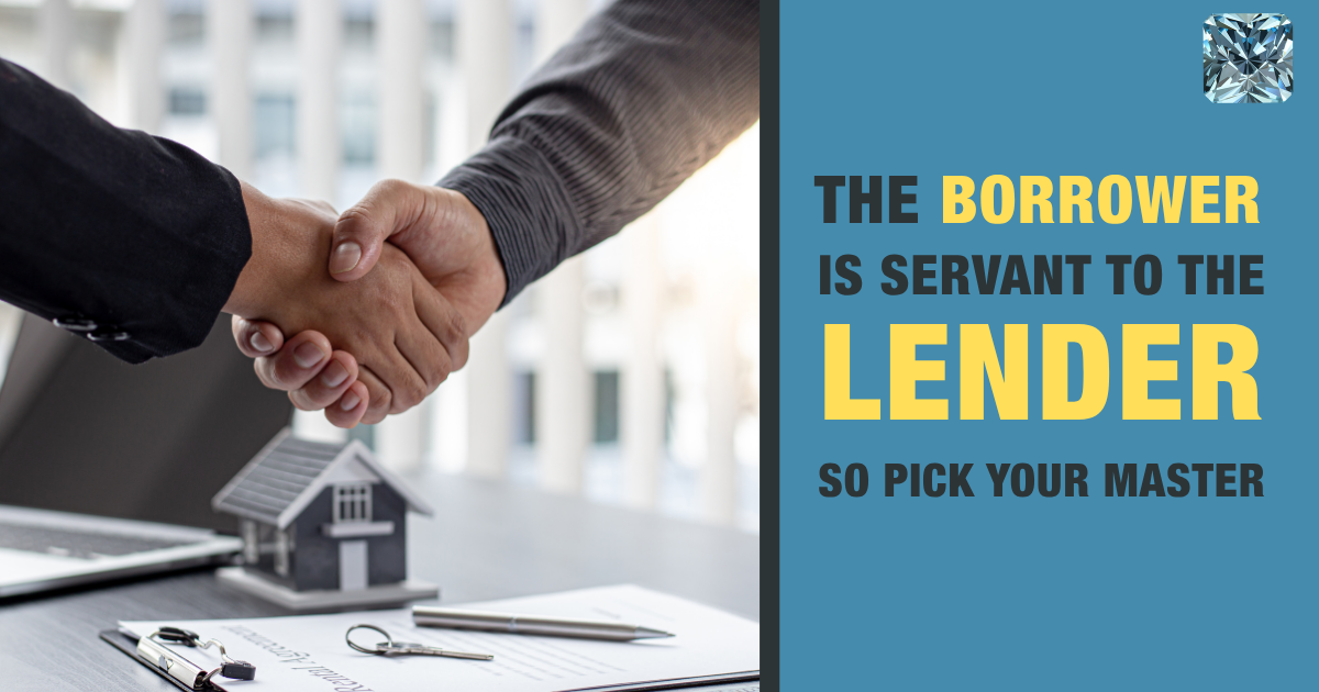 The Borrower Is Servant to the Lender cover with a handshake over a house model and keys