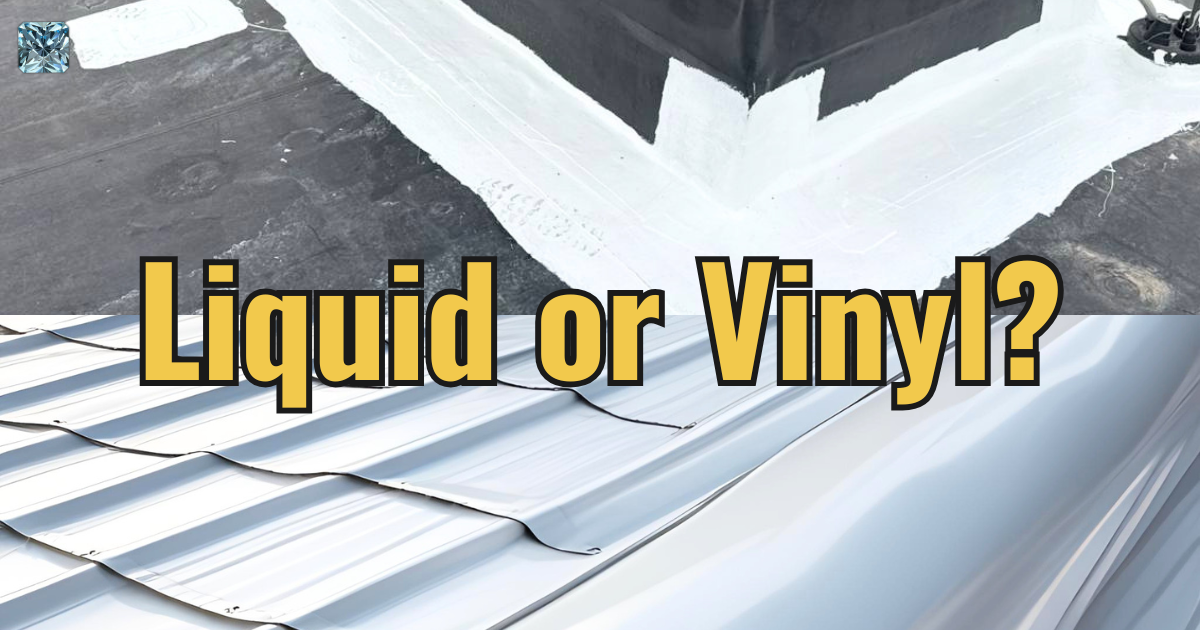 Liquid or vinyl? Title card over white coated flashing and a metal roof seam on a commercial roof