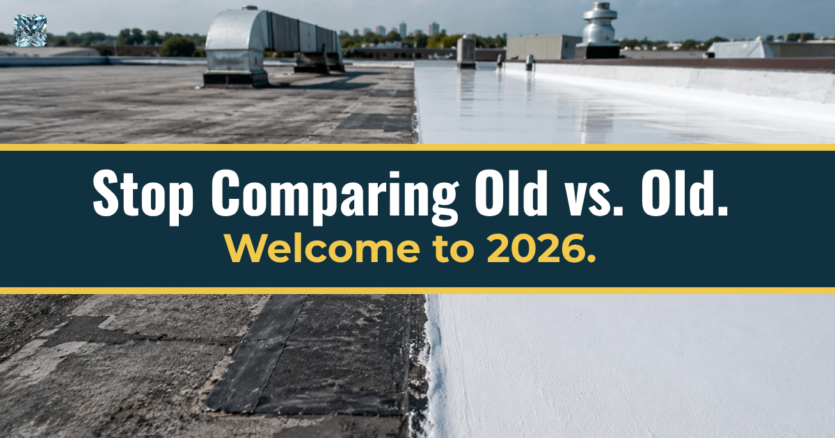 Stop comparing old vs. old, welcome to 2026: worn dark flat roof beside a new white coated roof