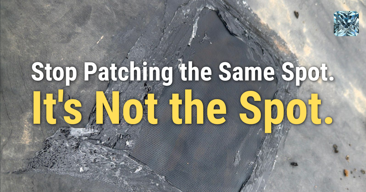 Stop Patching the Same Spot. It's Not the Spot. Repeated patch on a damaged commercial flat roof
