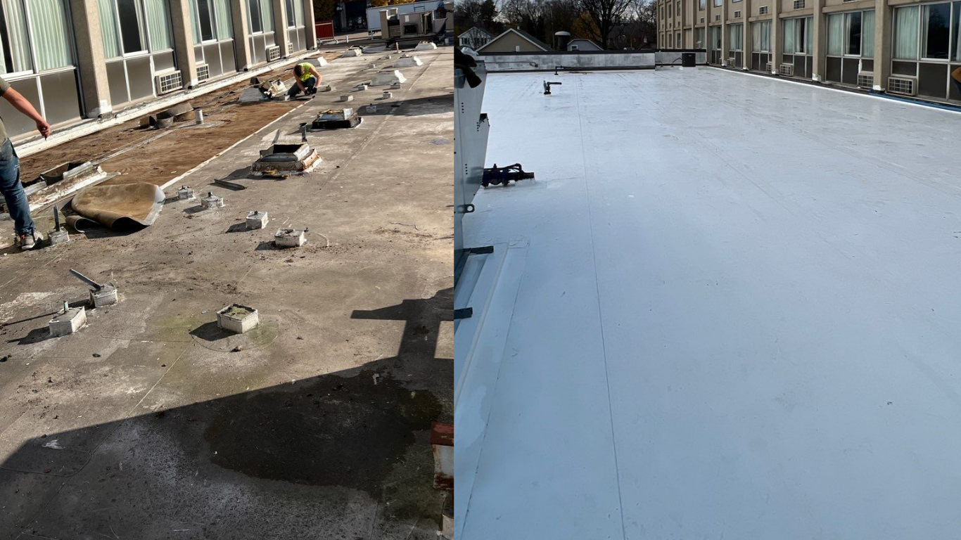 Two images showing a before and after rooftop construction site and a completed flat roof. 