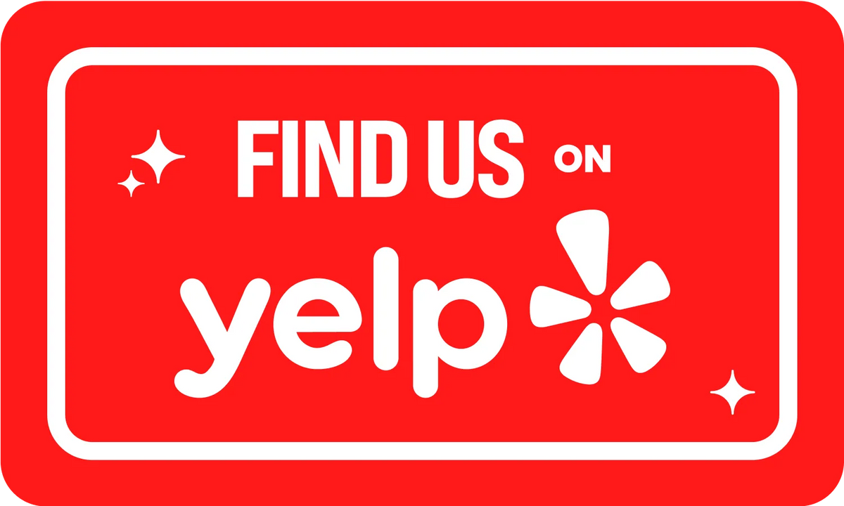 A red Yelp 'Find Us On Yelp' sign or sticker with white text and logo on a solid red background.