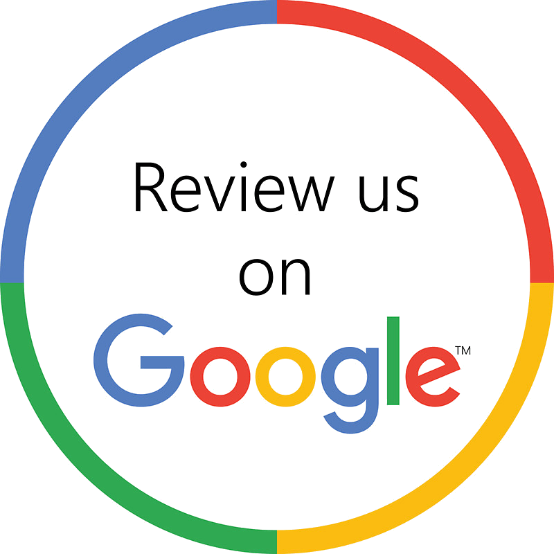 A circular Google review badge on a black background, with the words 'Review us on Google' and the multicolor Google logo.