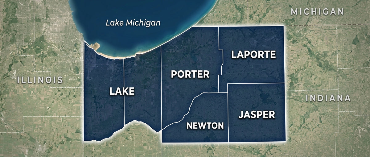 Map of the five Northwest Indiana counties served by Pristine Industrial Roofing: Lake, Porter, LaPorte, Newton, and Jasper.