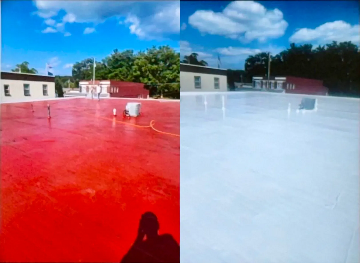 Before and after - from a red painted roof to a white coating finished roof