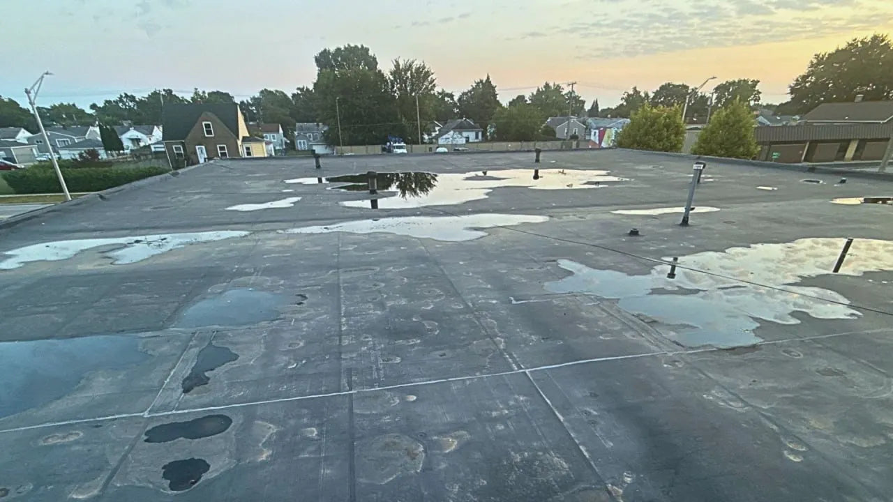 Commercial flat roof with severe widespread ponding water and drainage failure
