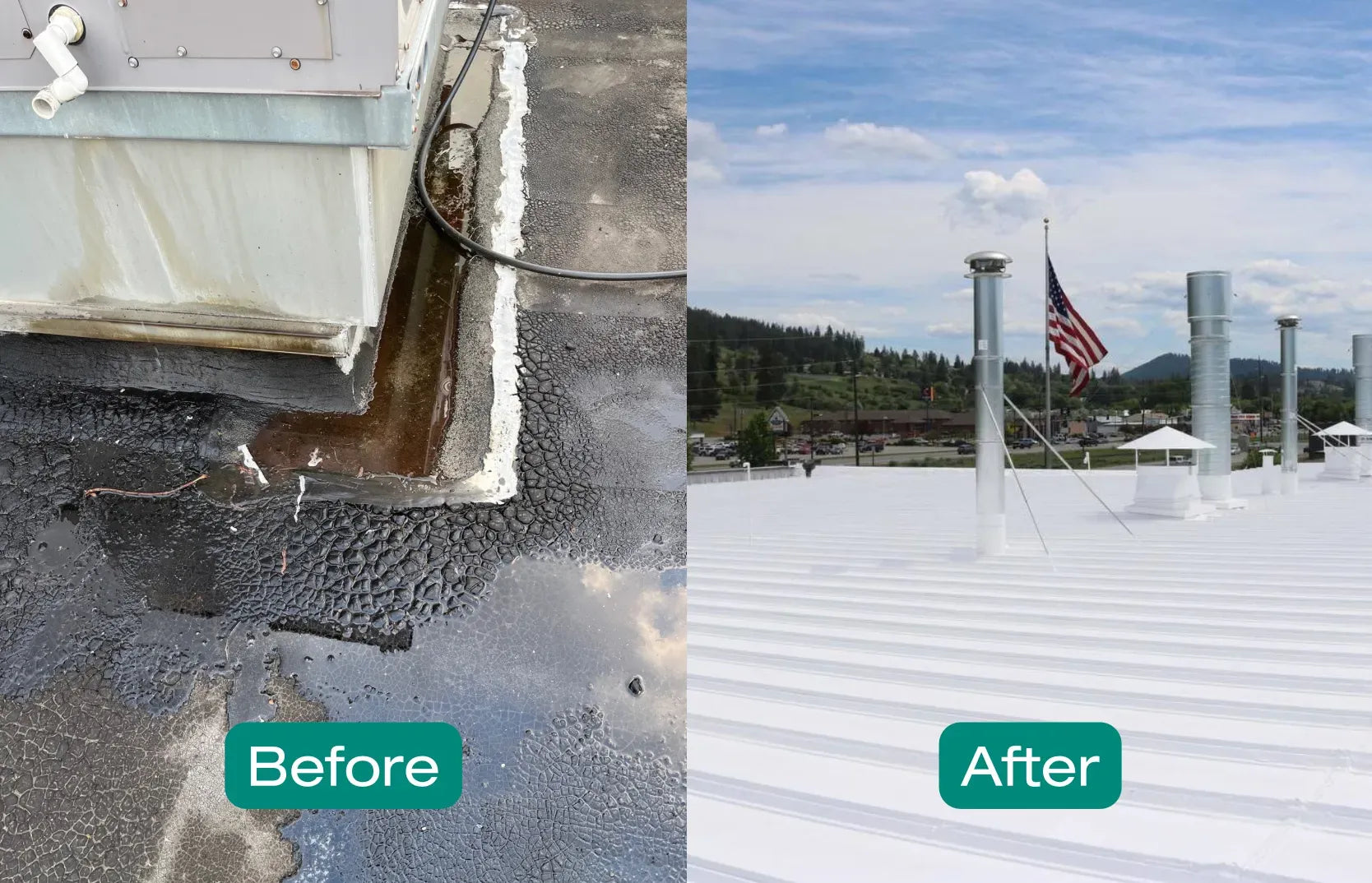 Before and after roof restoration, failed roof with standing water replaced with white metal roof system