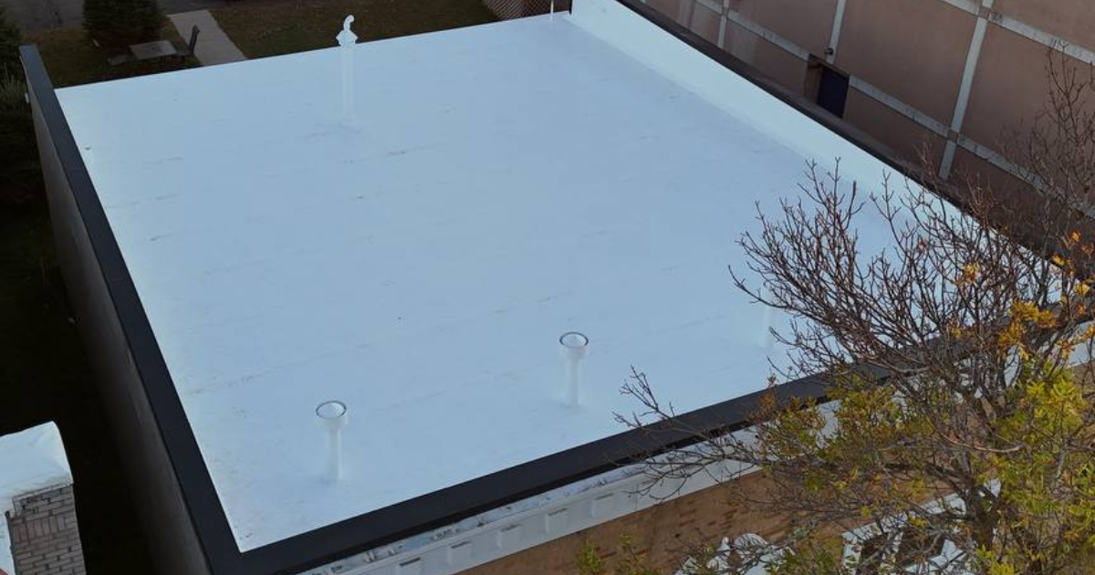 A white flat roof with two small vent stacks, shown from an elevated angle with surrounding building walls and tree branches visible.